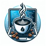 DevCues Logo - Coffee Cup and Coffee Beans on top of a laptop